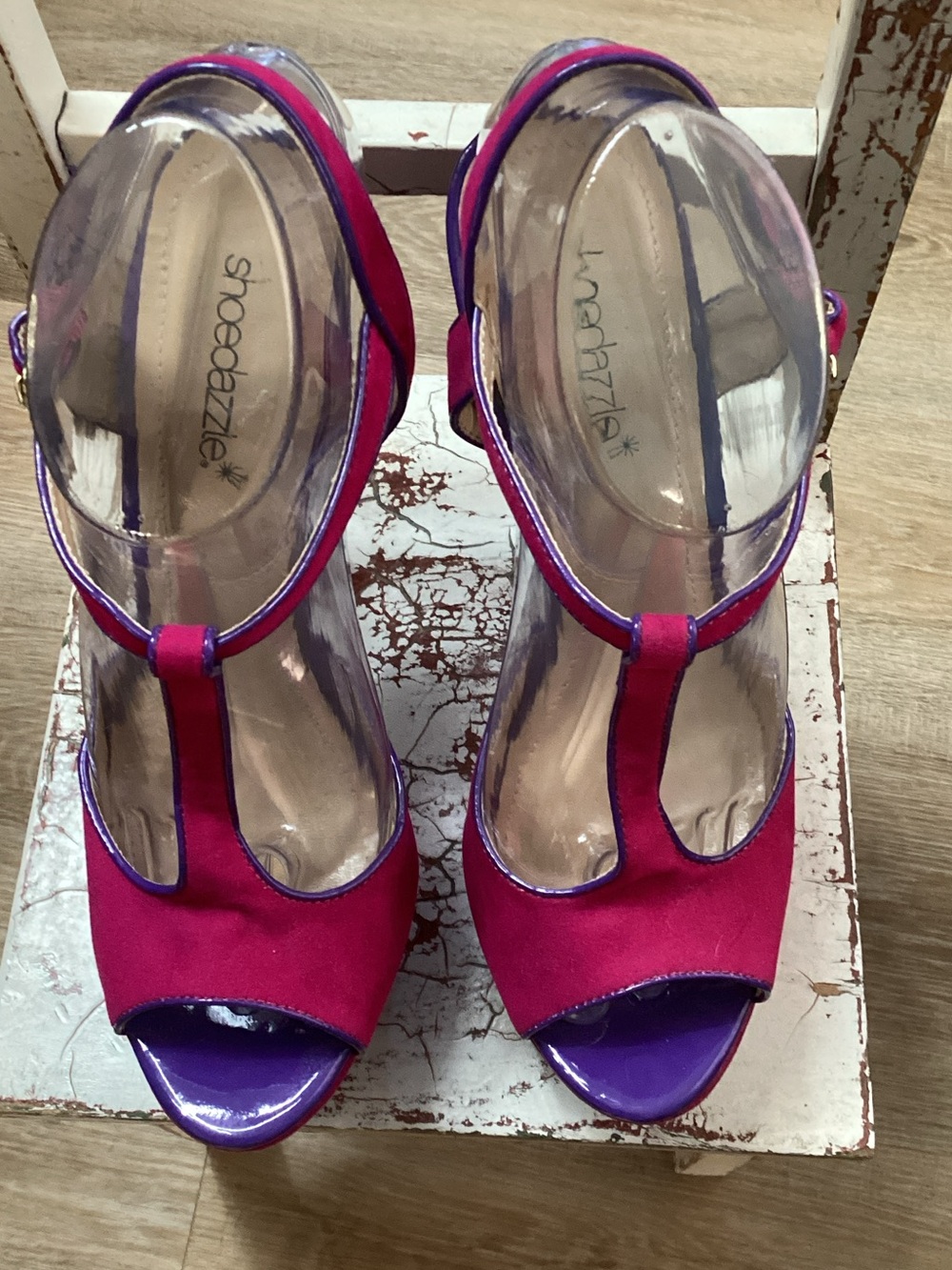 Shoe Dazzle Pink and Purple T-Strap Peep Toe Heels Size 9 Heels 6.5